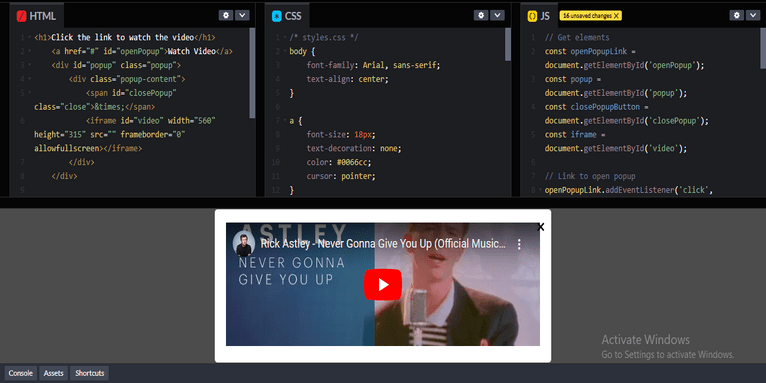 popup video on link click in css html javascript coding filters