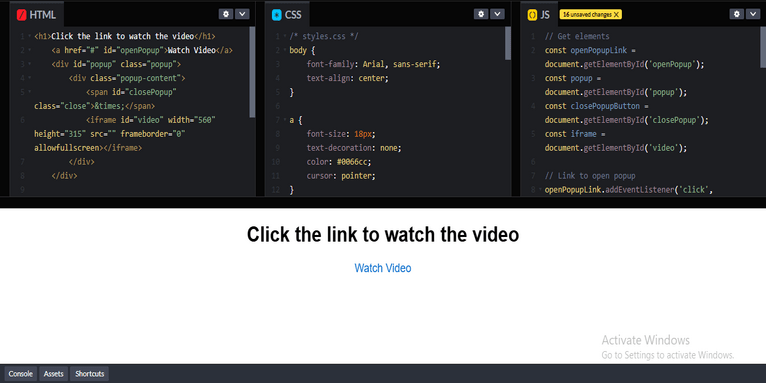 popup video on link click in css coding filters